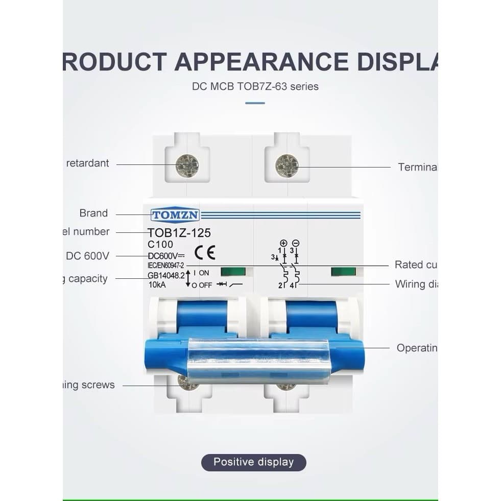 MCB DC TOMZN TOB1Z-125 2P 600V Kurva C 80A 100A 125A untuk PLTS & Baterai 2