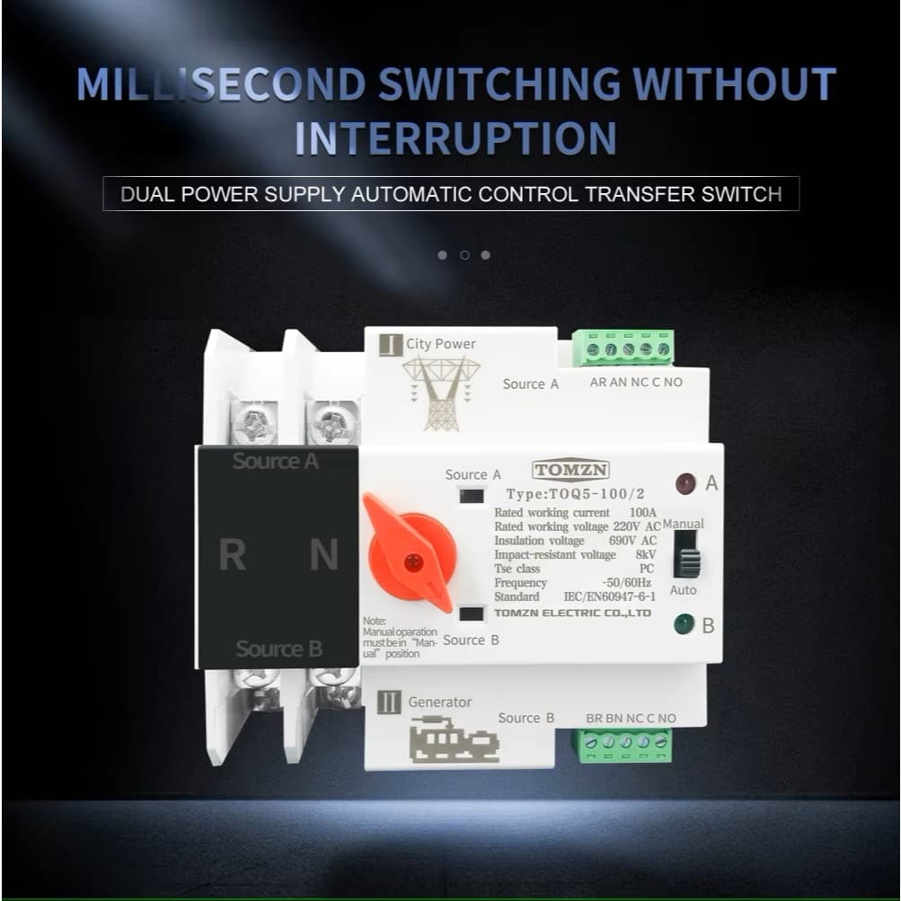 ATS TOMZN 2P 230V Automatic Transfer Switch Dual Power Tipe MCB DIN Rail 8