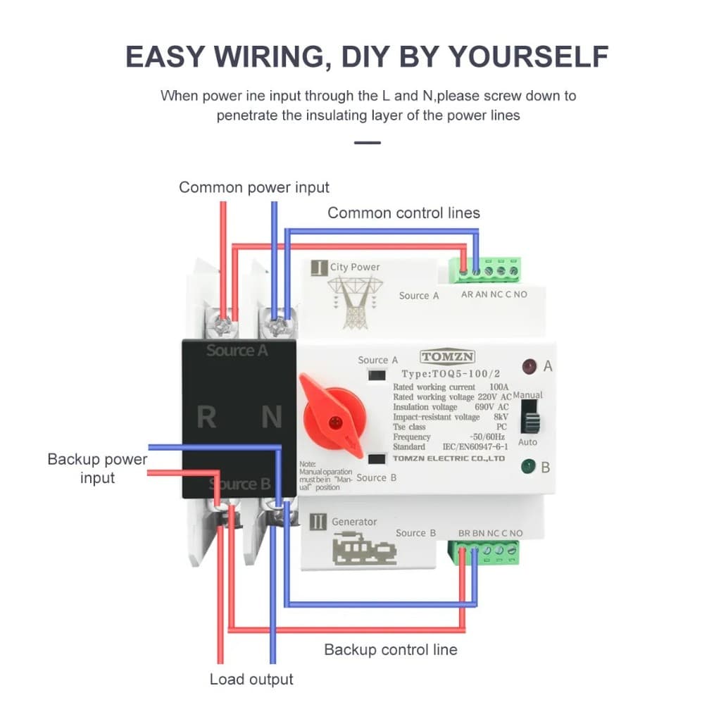ATS TOMZN 2P 230V Automatic Transfer Switch Dual Power Tipe MCB DIN Rail 6