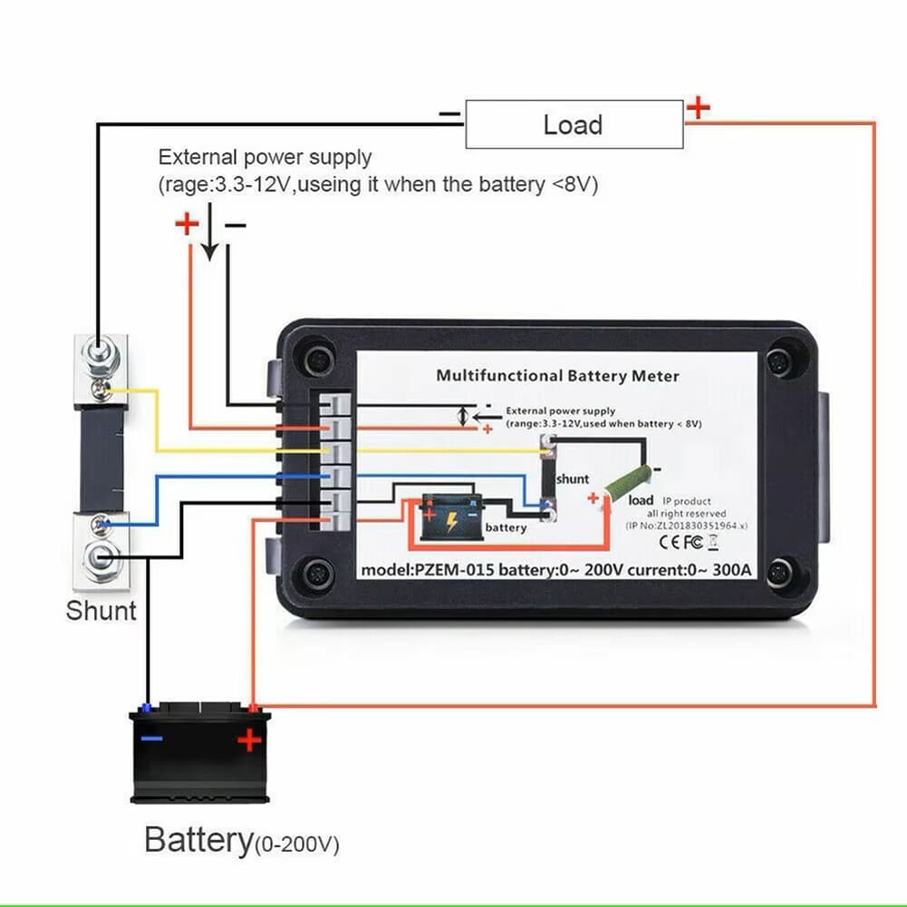 PZEM-015 Battery Tester DC 0-200V Volt Ampere Watt Meter + Shunt 50A-300A 6