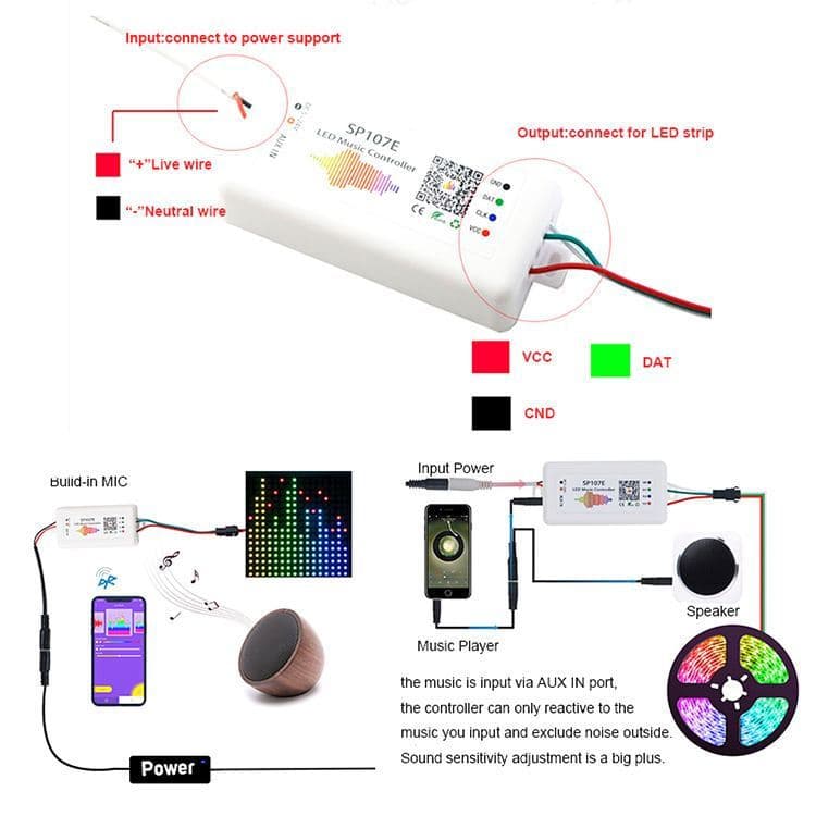 SP107E Controller LED Pixel Musik Bluetooth untuk WS2812B WS2811 DC 5-24V 7