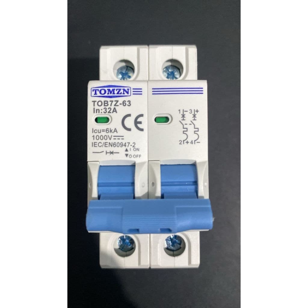 MCB DC TOMZN 2P 1000V 6kA Kurva C untuk Panel Surya PLTS (3A-63A) 12