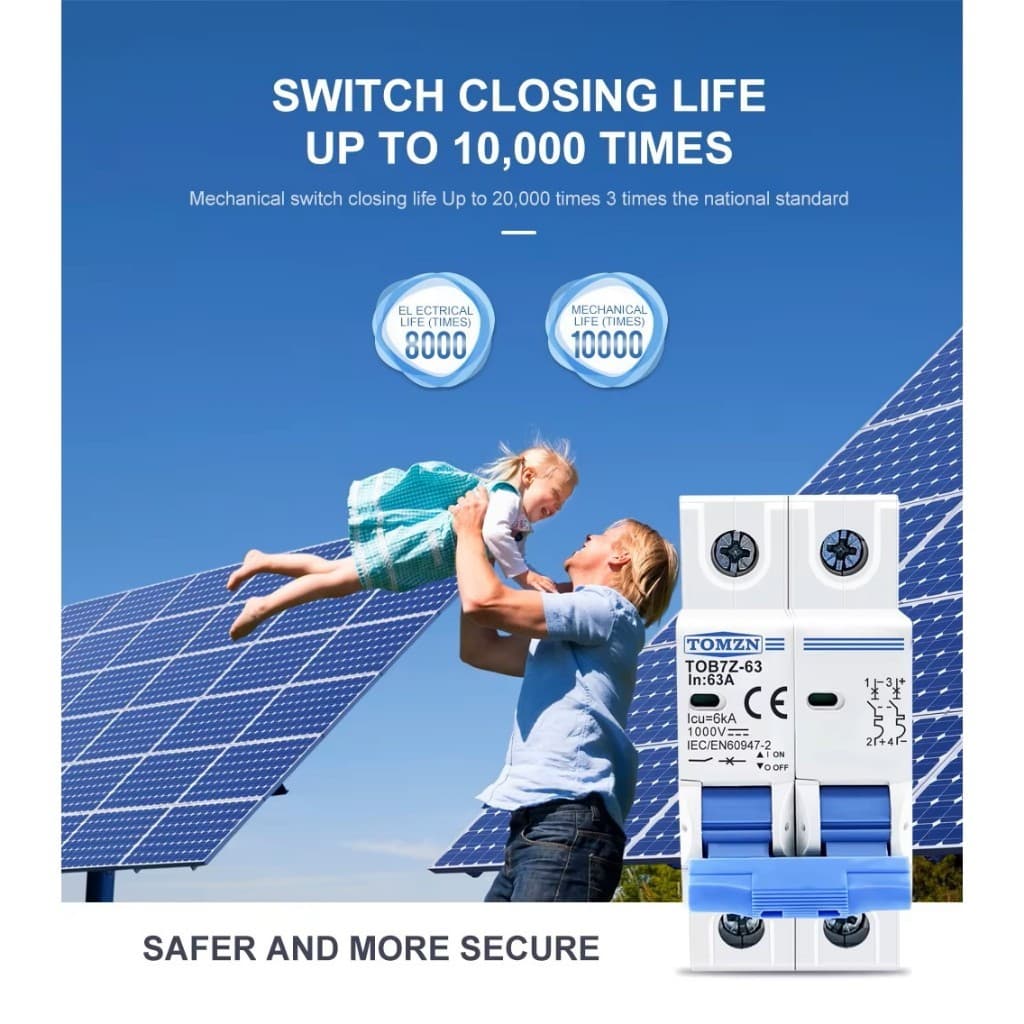 MCB DC TOMZN 2P 1000V 6kA Kurva C untuk Panel Surya PLTS (3A-63A) 7