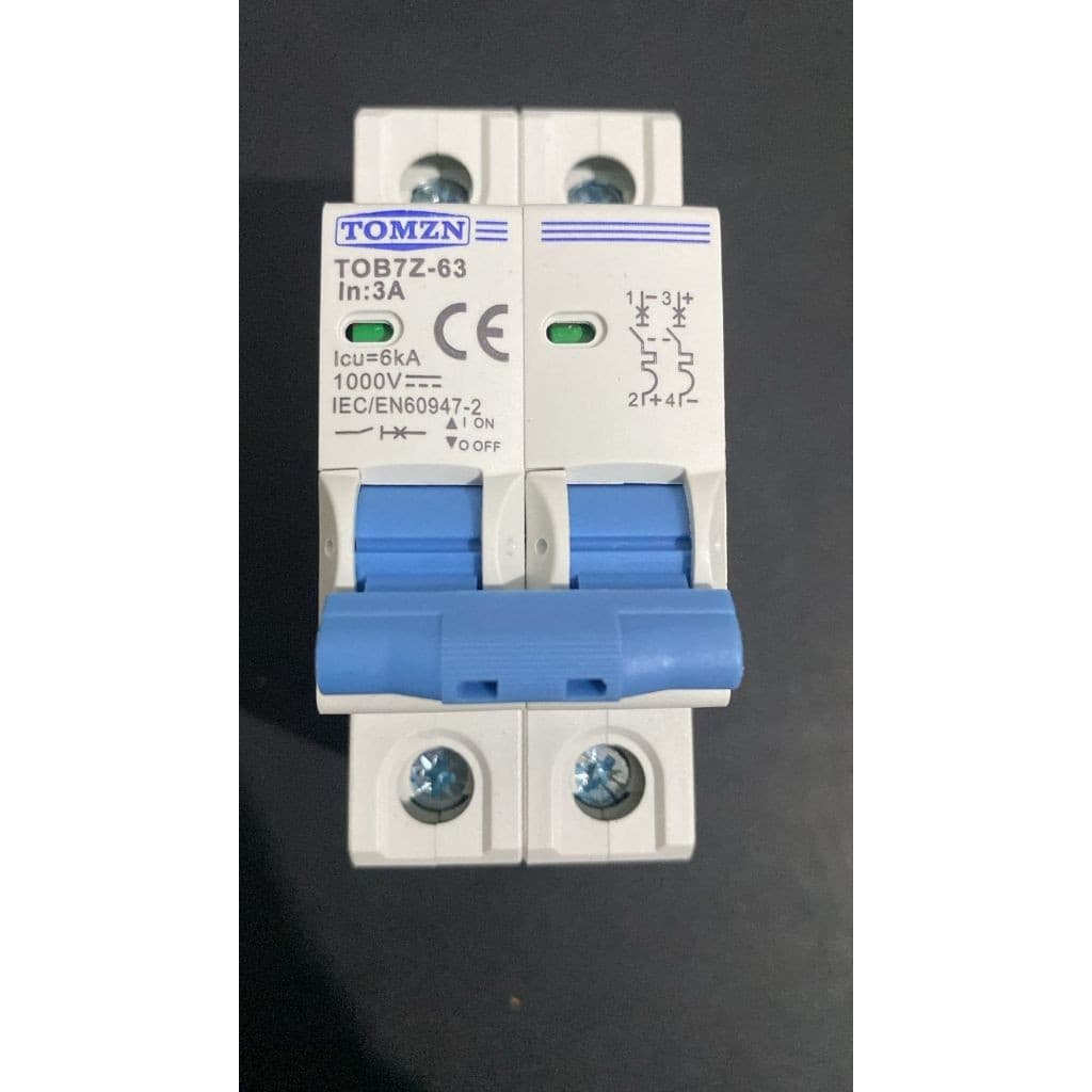MCB DC TOMZN 2P 1000V 6kA Kurva C untuk Panel Surya PLTS (3A-63A)